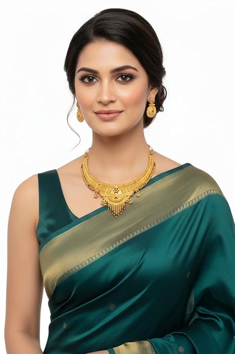1 Gram Gold-Plated Plated Traditional Necklace Set with Earrings, Multicolor Stone Embellished, Adjustable Dori, Jewelry