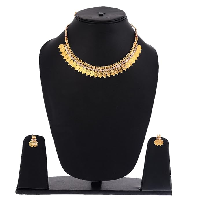 22KT Gold Plated Long Traditional Haram and White Temple Coin Choker Necklace with Earring, Bangles Jewellery Set For Women & Girls (Buy 1 get 1 free)