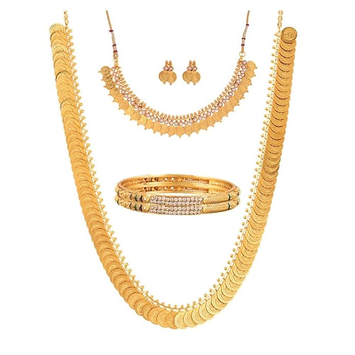 22KT Gold Plated Long Traditional Haram and White Temple Coin Choker Necklace with Earring, Bangles Jewellery Set For Women & Girls (Buy 1 get 1 free)