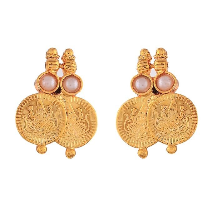 22KT Gold Plated Long Traditional Haram and White Temple Coin Choker Necklace with Earring, Bangles Jewellery Set For Women & Girls (Buy 1 get 1 free)