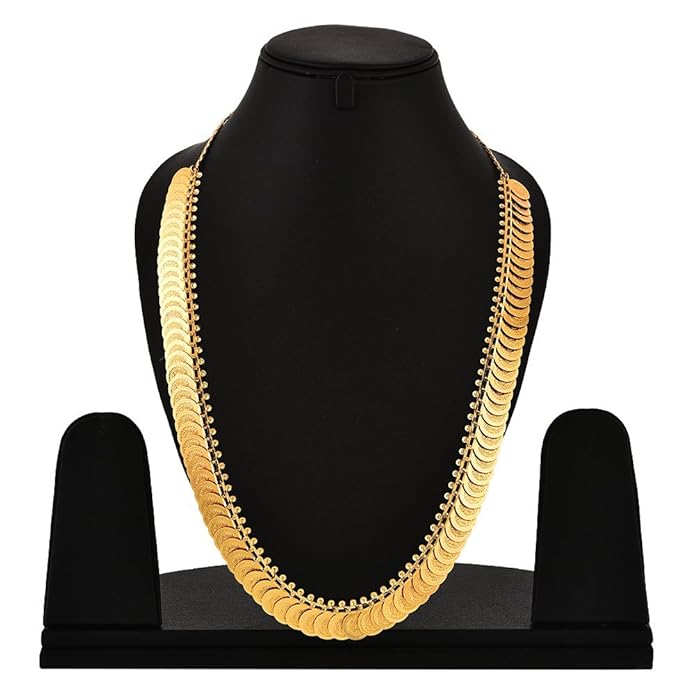 22KT Gold Plated Long Traditional Haram and White Temple Coin Choker Necklace with Earring, Bangles Jewellery Set For Women & Girls (Buy 1 get 1 free)