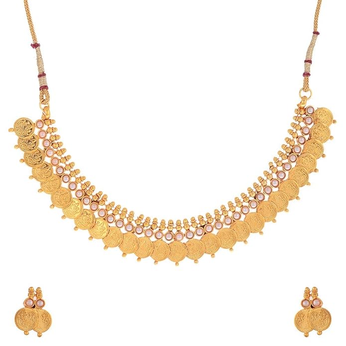 22KT Gold Plated Long Traditional Haram and White Temple Coin Choker Necklace with Earring, Bangles Jewellery Set For Women & Girls (Buy 1 get 1 free)