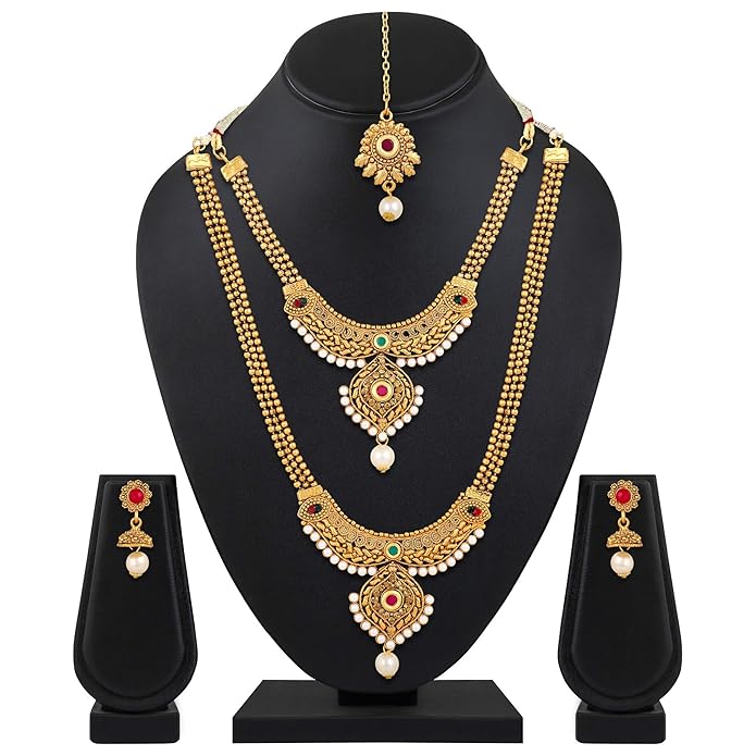 Shining Diva Fashion 22k Gold Plated Long Short Necklace Combo Stylish Traditional Pearl Jewellery Set for Women (Buy 1 get 1 free)