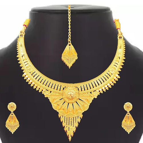 1 Gram Gold-Plated Traditional Indian Necklace Set with Maang Tikka, Floral Design Choker with Matching Earrings