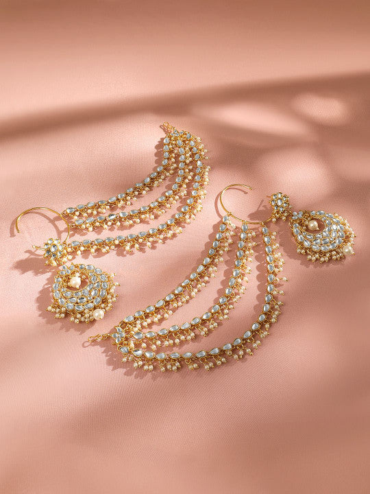 22K Gold Plated Kundan & Pearl Multi Layered Bridal Ear Chain Chandbali Earrings