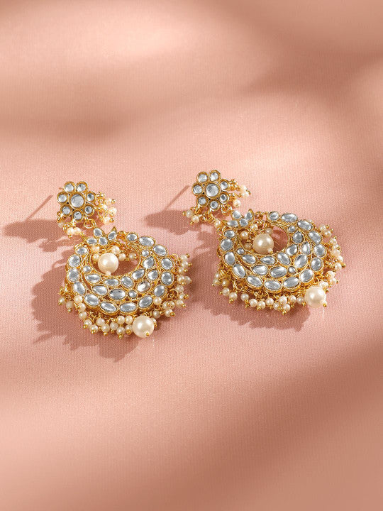 22K Gold Plated Kundan & Pearl Multi Layered Bridal Ear Chain Chandbali Earrings
