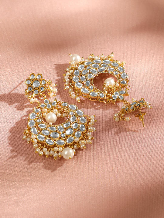 22K Gold Plated Kundan & Pearl Multi Layered Bridal Ear Chain Chandbali Earrings