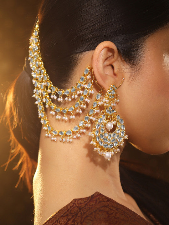 22K Gold Plated Kundan & Pearl Multi Layered Bridal Ear Chain Chandbali Earrings