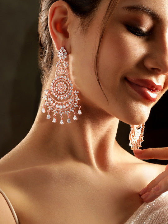22k Rose Gold Plated AAA Crystal Cubic Zirconia Studded Premium Chandelier Earrings